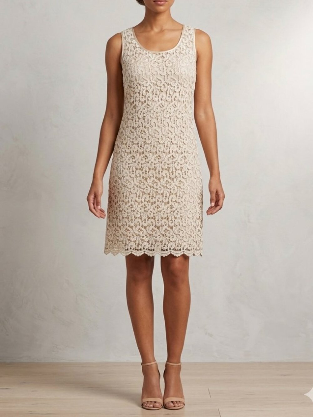 R&M Richards Beige Lace Overlay Dress Size 8 Made in USA Formal Evening Luxury